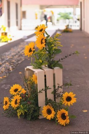 sunflowers are growing out of the letters on the side of the road in front of a building