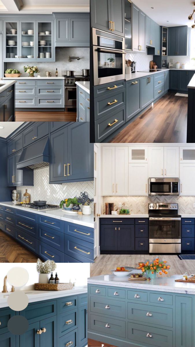 blue and white kitchen cabinets with wood flooring in the middle one has an island