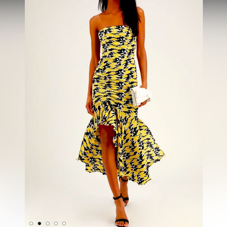 Nwt. C/Meo Collective Midi Dress. Black And Yellow. Size Small Midi Dress Black, Black And Yellow, Yellow Blue, Black N Yellow, Blue Yellow, Dress Black, Strapless Dress, Color Blue, Midi Dress