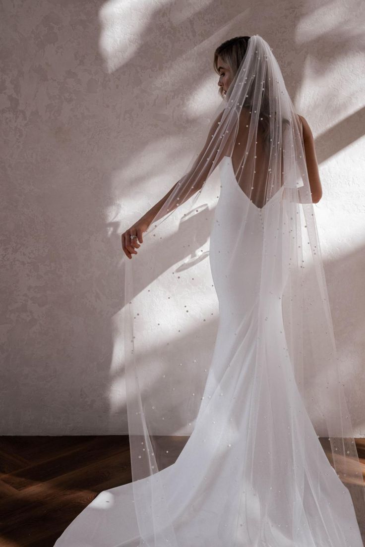 a woman in a wedding dress with a veil on her head