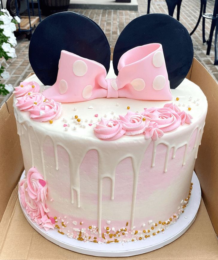 a pink and white cake with minnie mouse ears on top in a cardboard box outside