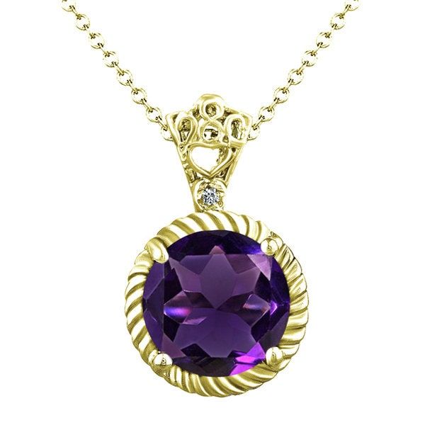 Diamond necklaces and round shape natural amethyst in gold plated 14k  A modern pendant with an adorable amethyst wrapped preciously in swirled gold plated by a prong setting. The grade purple centerpiece weighs 3.00 carat and is excellently cut into a round with its many illuminating surfaces. A round cut elegant diamonds adorn the beautifully crafted gold plated border. This pendant weighs 2.06 gm in entirety. A lovely pendant that will add more attention to your outfit. PENDANT SPECIFICATIONS :- Country of Origin: United States Total Carat Weight: 0.07ct Chain Type: Cable Colored Diamond Intensity: Very Light Number of Gemstones: 1 Type: Pendant Main Stone: Amethyst Secondary Stone: Diamond Seller Warranty: Yes Main Stone Color: Purple Color: White Vintage: Yes MPN: PD1020PT8MM Number o Purple Centerpiece, Purple Centerpieces, Diamond Color Grade, Diamond Necklaces, Tanzanite Gemstone, Personalized Pendant, 14k White Gold Ring, Modern Pendant, Amethyst Gemstone