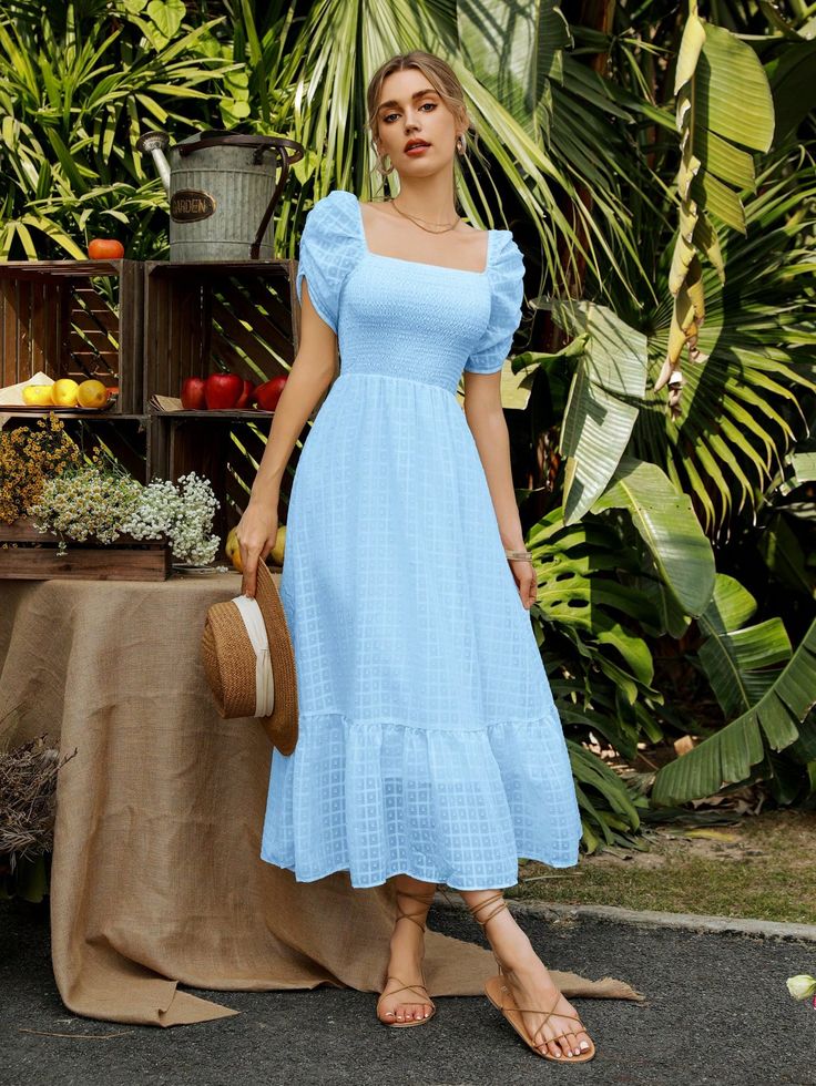 Women Fashion Solid Color Bubble Sleeve Square Neckline Dress Vacation Outfits Woman  Blue Boho  Short Sleeve Woven Fabric Gingham,Plain A Line Non-Stretch Spring/Summer Women Clothing, size features are:Bust: ,Length: ,Sleeve Length: Floral Dresses Picnic, Modest Princess Dresses, 2025 Dress Trends, Simple Modest Dresses Casual, Sun Dresses Casual, Blue Royal Dress, Summer Modest Dresses, Womens Sundress, Vestidos Shein