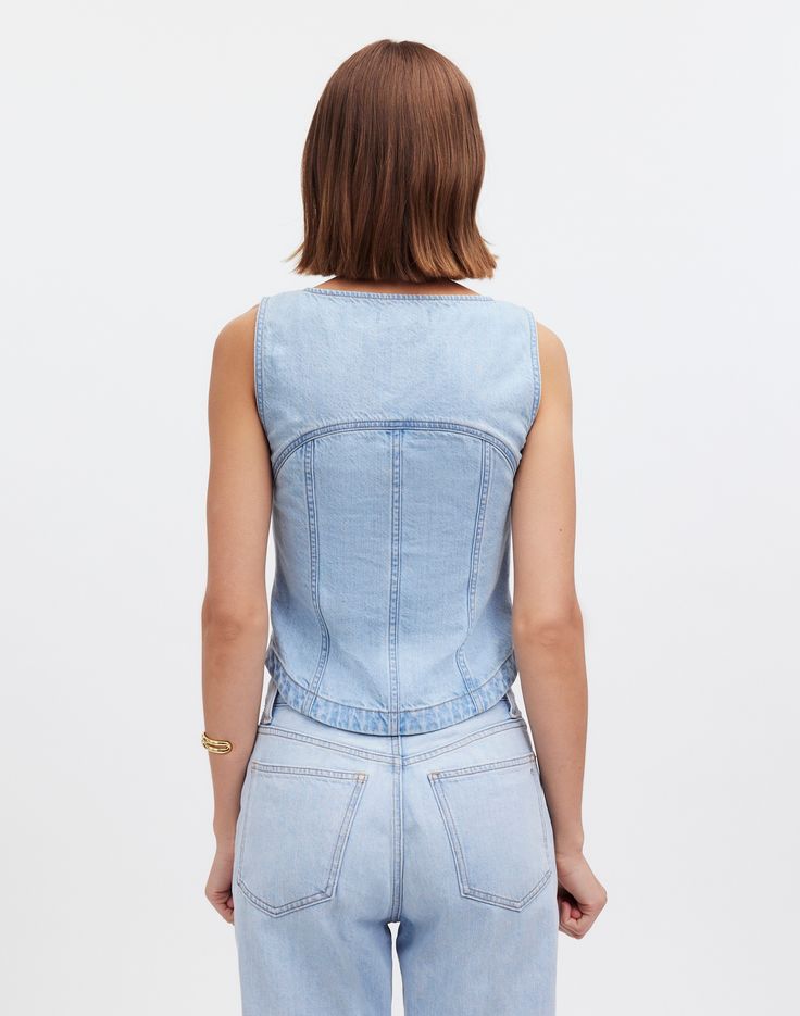 Fitted Cropped Denim Vest With Button Closure, Fitted Medium Wash Denim Top With Button Closure, Fitted Washed Cropped Tops, Fitted Washed Denim Blue Top, Summer Cotton Denim Vest With Snap Buttons, Cropped Cotton Denim Top With Button Closure, Fitted Denim Top With Button Closure For Spring, Summer Tops With Square Neck And Button Closure, Summer Square Neck Top With Button Closure