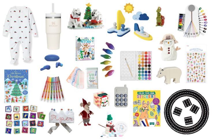 various items are displayed on a white background with black and white circles around them, including toys