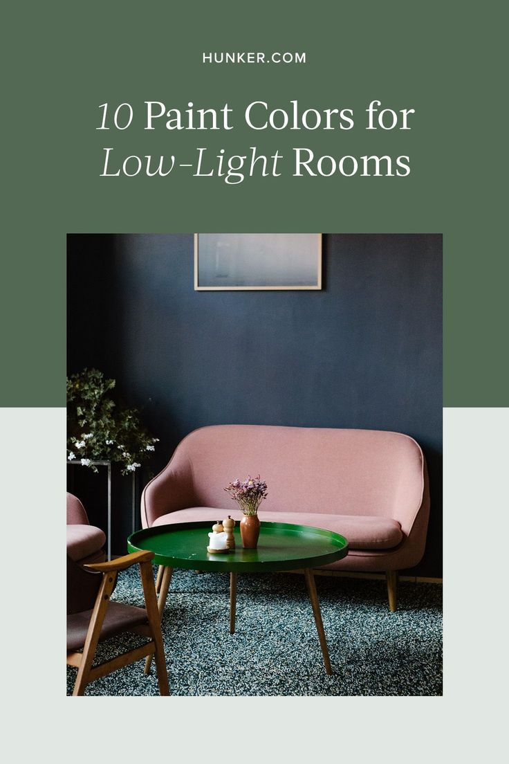 a living room with blue walls and pink couches in the corner, text reads 10 paint colors for low - light rooms