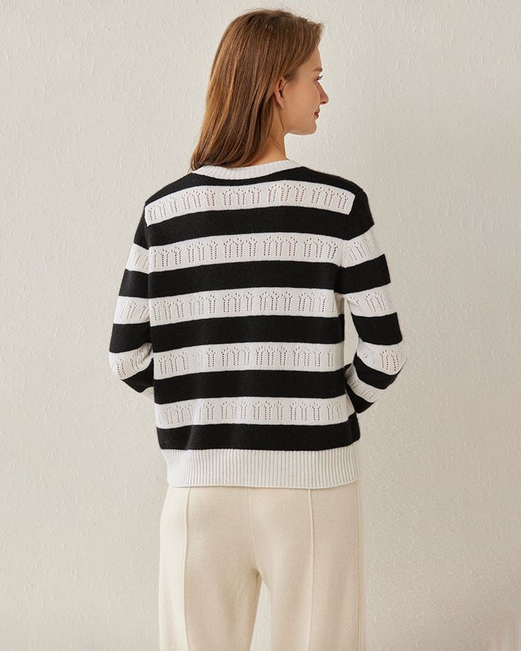 Type: Women's Cashmere Sweater.Material: 100% A-Grade Mongolian Cashmere.Features: Crafted from the finest cashmere, this sweater embodies luxury and elegance, providing you with the ultimate cozy and chic experience. The distinctive striped pattern and delicate motifs add a touch of sophistication to your look, making this sweater a true fashion statement. The hollow round neck design not only enhances its uniqueness but also ensures breathability and comfort. Whether you're heading to a casual How To Wash Silk, Round Neck Design, Cashmere Sweater Women, Cozy Scarf, Timeless Wardrobe Staples, Womens Cashmere, Loose Jeans, Womens Crewneck, Tailored Blazer