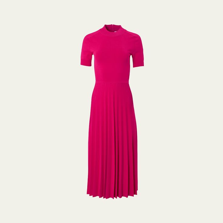 Carolina Herrera knit dress with pleated skirt Jewel neckline Short sleeves Midi length A-line silhouette Back zip Viscose/polyester Made in Italy Fitted A-line Dress With Accordion Pleats, Elegant Stretch Dresses With Pleated Skirt, Stretch A-line Pleated Midi Dress, Fitted Viscose A-line Midi Dress, Stretch A-line Dresses With Pleated Back, Chic Stretch Dress With Pleated Skirt, Stretch A-line Dress With Pleated Waist, Fitted Midi Dress With Accordion Pleats, Fitted A-line Midi Dress With Pleated Hem