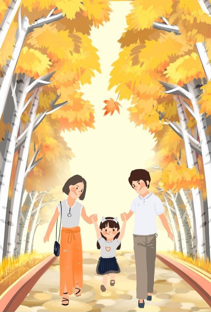 the family is walking down the path in the park with autumn leaves on the trees