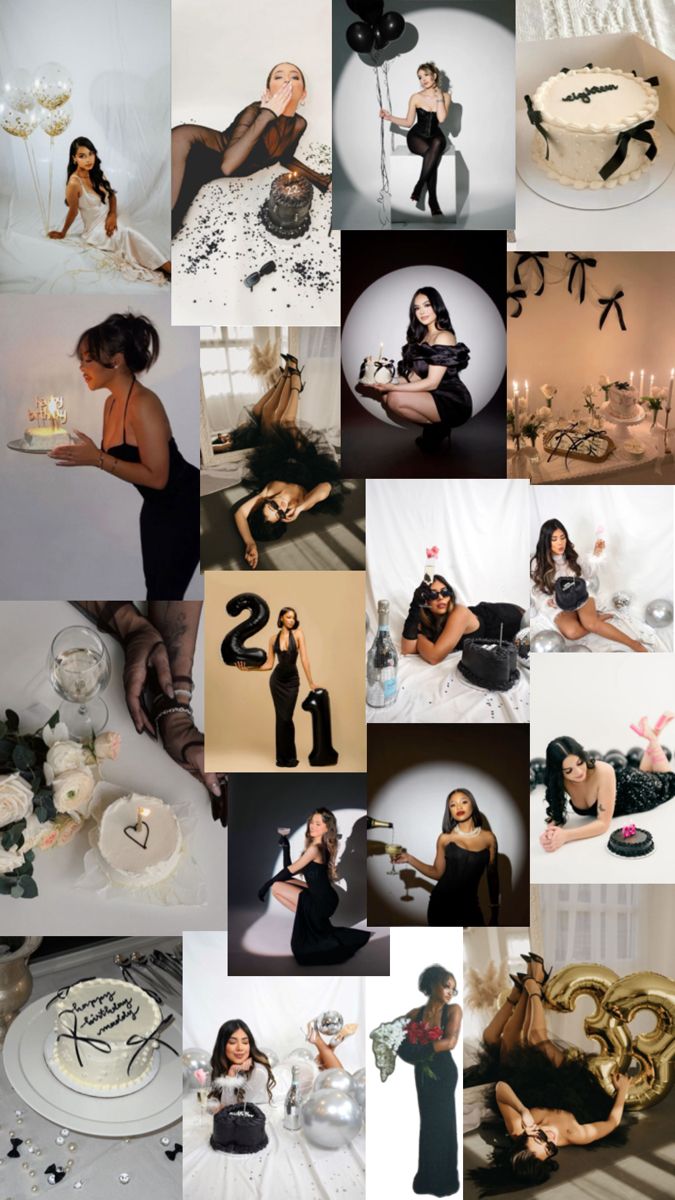 a collage of photos with women dressed in black and white, including one woman holding a cake