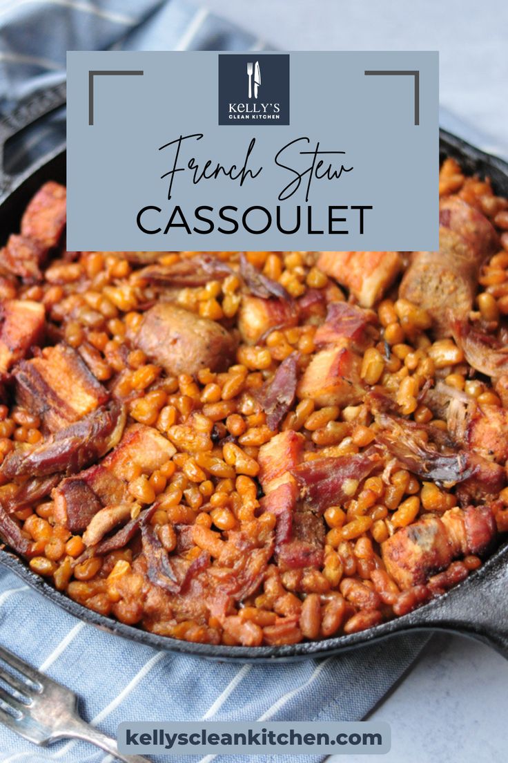 french stew casserole with bacon in a cast iron skillet