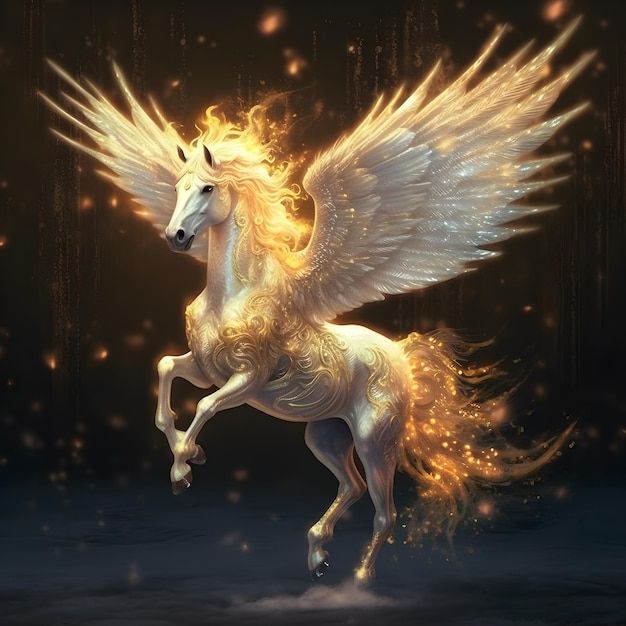 a white horse with wings flying through the air