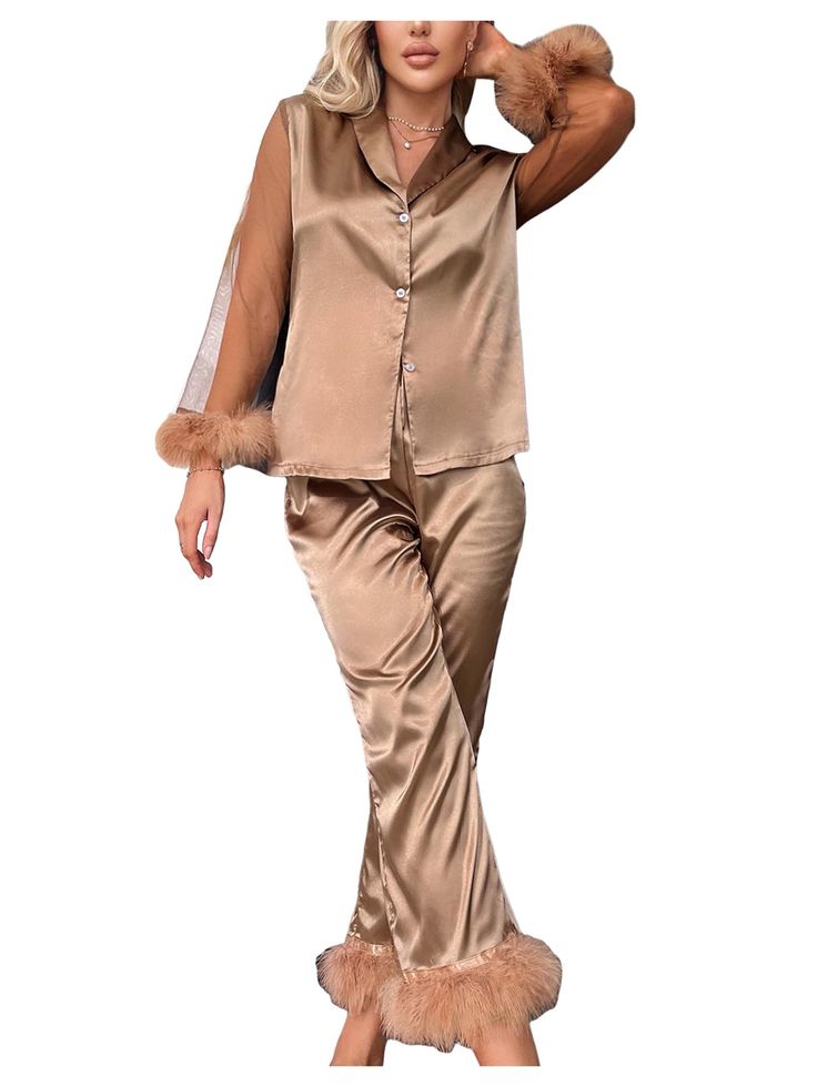 PRICES MAY VARY. Title: WDIRARA Women's 2 Piece Satin Fuzzy Trim Pajama Pants Set Mesh Long Sleeve Button Down Sleepwear Mocha Brown S. Product Type: Departments > Women > Clothing > Lingerie, Sleep & Lounge > Sleep & Lounge > Sets Pajama Party Grown Up, Cute Pjs For Women, Button Down Pajamas, Satin Pjs, Silk Pjs, Pajamas Pants, Night Pajama, Bridesmaid Pyjamas, Early 2000s Fashion