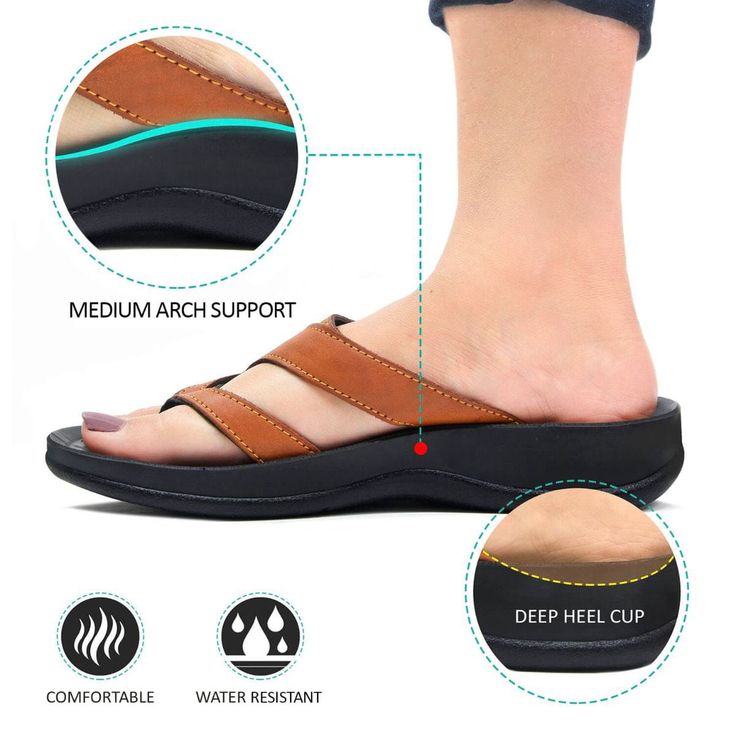 Slip-resistant Open Toe Synthetic Sandals, Brown Synthetic Slippers With Arch Support, Brown Slip-on Sport Sandals With Arch Support, Synthetic Slippers With Arch Support, Flat Synthetic Slippers With Arch Support, Brown Sport Sandals With Arch Support And Open Toe, Comfortable Slip-resistant Sandals With Round Toe, Brown Flip Flops With Arch Support, Comfortable Synthetic Toe Loop Footbed Sandals