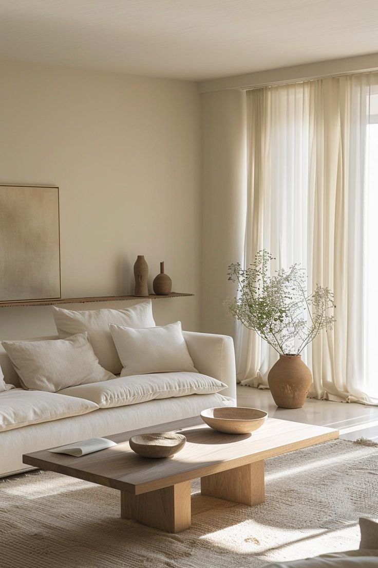 a living room filled with furniture and a large window covered in white curtained drapes