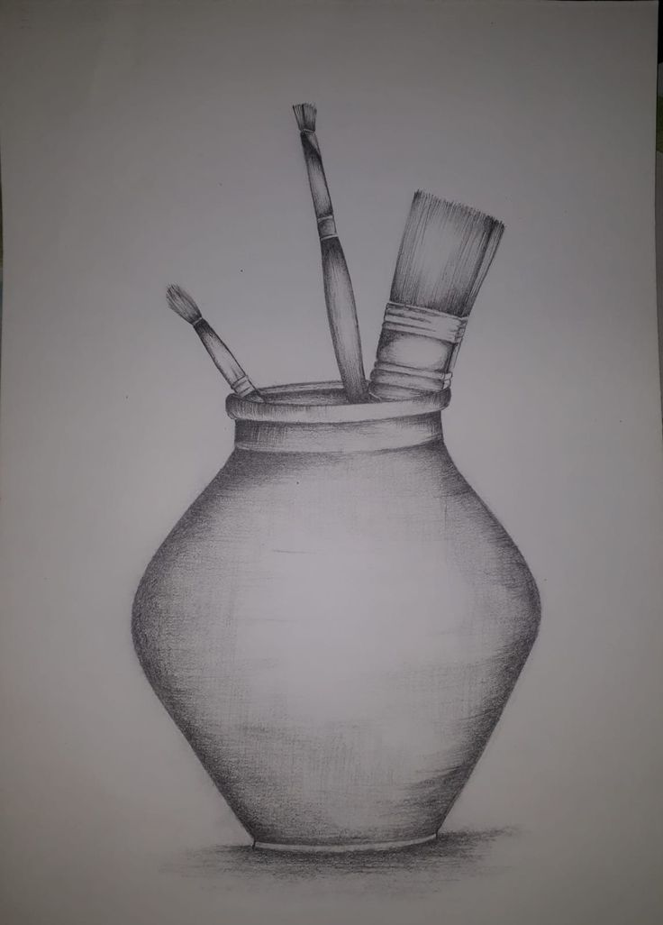 a pencil drawing of a vase with two brushes in it and one toothbrush sticking out of the top