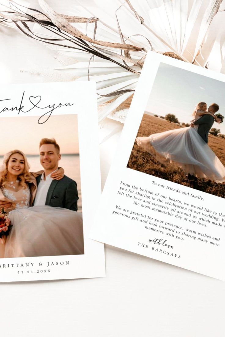 two wedding thank cards with an image of a bride and groom