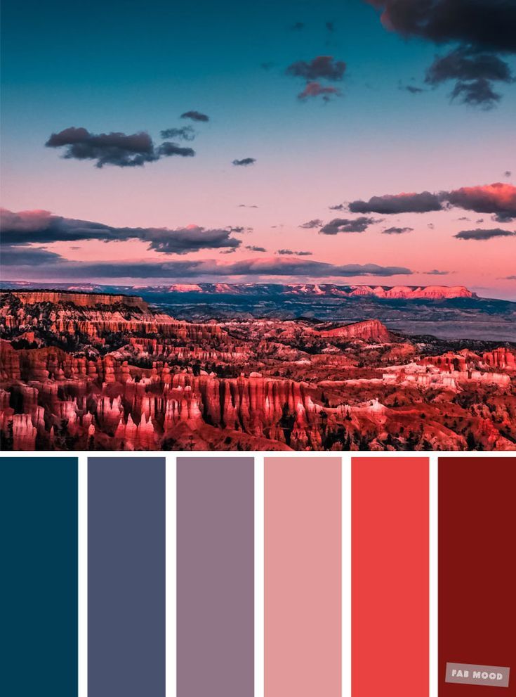 the color palette is red, blue and pink with some clouds in the sky above it