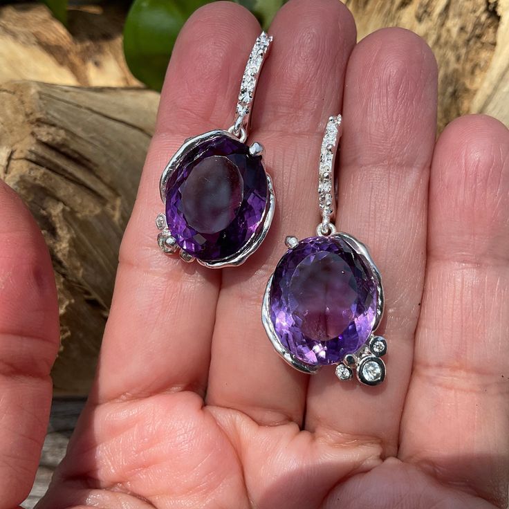 Sterling silver dark amethyst fancy dangle Earrings Luxury Amethyst Teardrop Earrings, Luxury Amethyst Earrings For Formal Occasions, Luxury Amethyst Earrings For Gift, Luxury Handmade Purple Jewelry, Elegant Purple Pierced Earrings, Silver Diamond Earrings With Gemstones, Elegant Amethyst Earrings For Formal Occasions, Unique White Gold Formal Earrings, Unique White Gold Earrings For Formal Occasions