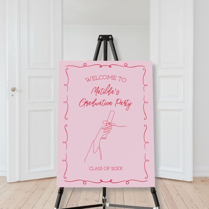 a pink sign that says welcome to children's graduation party with a hand holding a cross