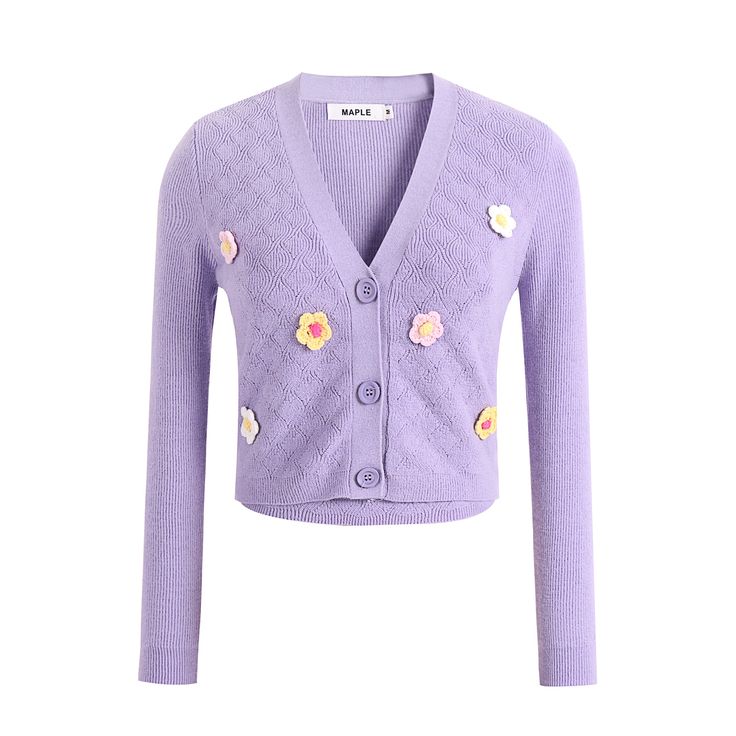 The long sleeves provide warmth and versatility, making it the perfect addition to your wardrobe for any season. Made from high-quality polyester, this cardigan offers a lightweight and breathable feel, ensuring optimal comfort throughout the day. The enchanting shade of purple adds a touch of elegance, making this cardigan a standout piece for any occasion. Its knitting floral pattern showcases intricate craftsmanship and adds a feminine charm to your outfit. The striped cuffs provide a subtle Lavender V-neck Cardigan For Fall, Trendy Purple V-neck Cardigan, Trendy Purple Long Sleeve Cardigan, Purple Long Sleeve Sweater, Purple V-neck Cardigan For Winter, Purple V-neck Fall Cardigan, Casual Lavender Spring Cardigan, Casual Lavender Sweater For Fall, Purple Knit Outerwear For Fall