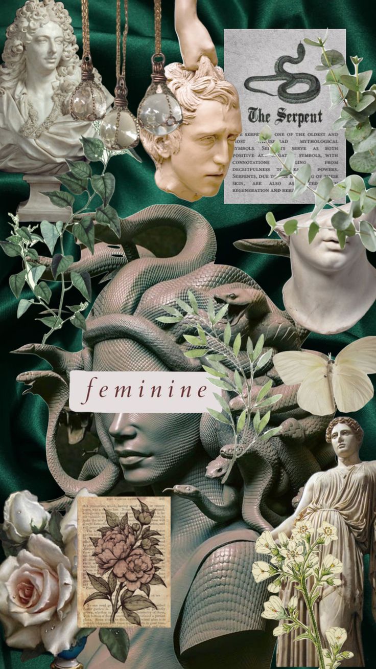 the collage is made up of many different items and flowers, including an image of a woman's head