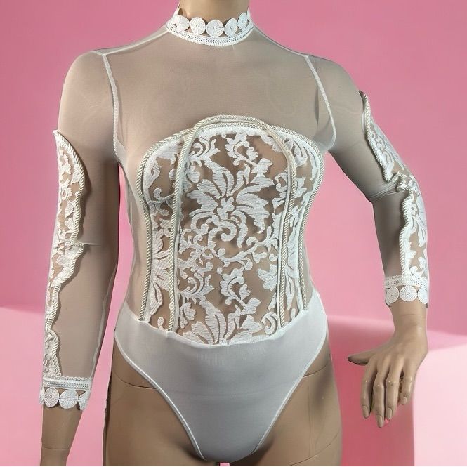 Women’s Banjul Burn Out Mesh Lace Roped Body Suit-White 93% Polyester 7% Spandex Beautiful Lace Roped Trim Design Decorative Embroidered High Neck Lightweight/Stretchable Material White Stretch Party Top, White Stretch Top For Party, White Fitted Top For Party, Fitted White Party Top, Sheer White Bodysuit For Spring, Spring Sheer White Bodysuit, White Sheer Stretch Bodysuit, Stretch Sheer White Tops, White Stretch Sheer Top