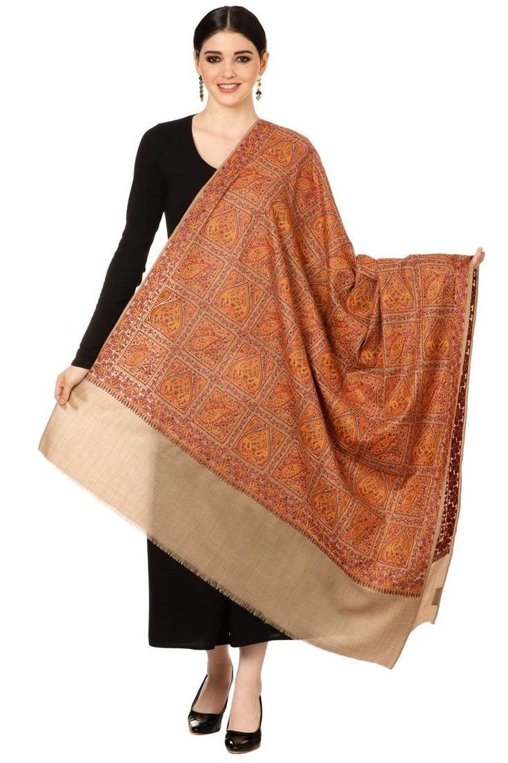 Tan Women's Pashmina Wool Papier Jaal Shawl at PinkPhulkari California Winter Festive Dupatta With Motifs, Winter Motifs Shawl, Traditional Jamawar Pashmina Shawl For Eid, Embroidered Pashmina Shawl In Traditional Drape, Traditional Brown Jamawar Dupatta, Eid Jamawar Pashmina Shawl With Traditional Patterns, Winter Festive Embroidered Pashmina Shawl, Embroidered Festive Winter Pashmina Shawl, Semi-stitched Bohemian Jamawar Pashmina Shawl