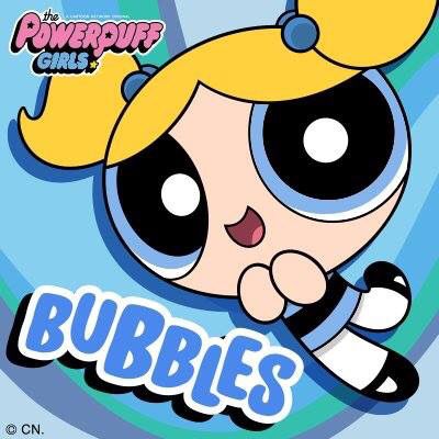 the powerpuff girls bubble's logo is shown in front of a blue background