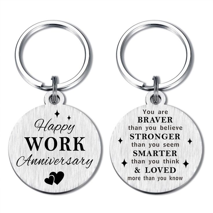 two key chains with the words, happy work anniversary and an image of a heart