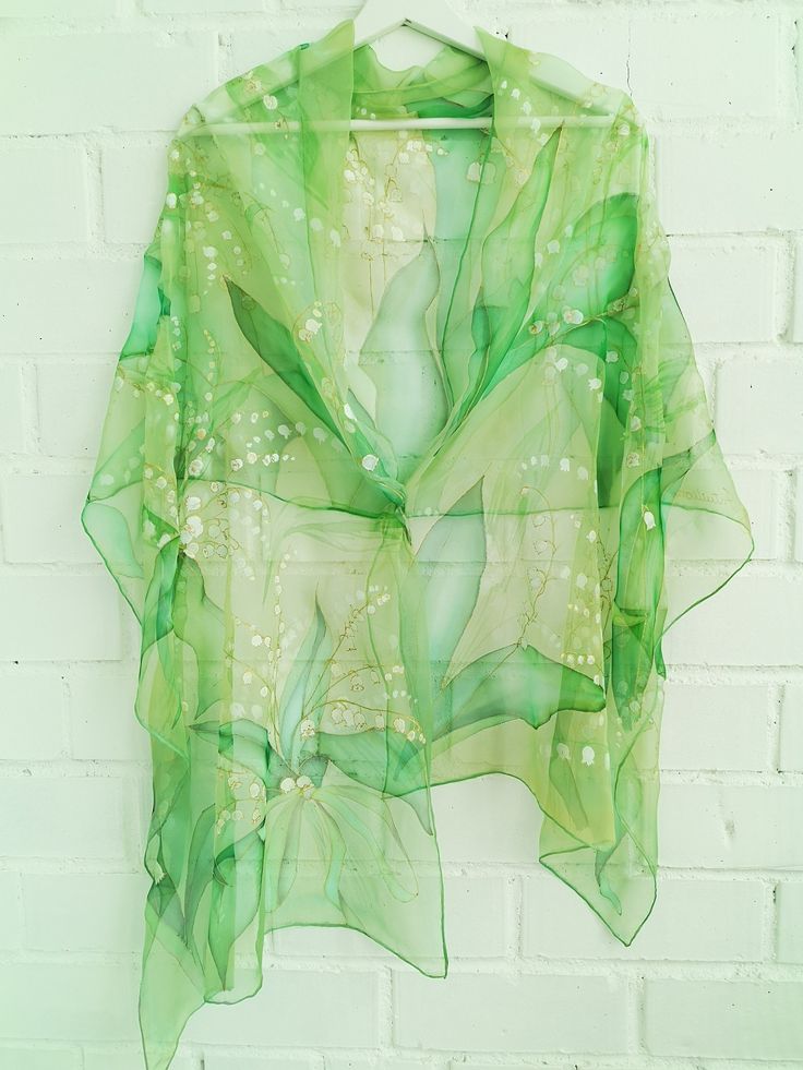 Glamourous Hand painted silk chiffon scarf - Lilies of The Valley in green. Beautiful wild flowers lovely laid out through all length long. This design Scarf is MADE TO ORDER and available in 2 SQUARE and 5 OBLONG sizes (with butterflies or without): 21*x21 inches (55x55cm)- Very small square. Can serve as a kerchief; wrist, head or bag band. 35*35 inches (90*90cm) -Possible various combinations of twisting on neck/chest. XS---59x15 inches (150x40 cm)- quite Small scarf. This size is good who li Elegant Green Scarves For Spring, Spring Party Green Dupatta, Elegant Green Summer Scarves, Elegant Green Scarves For Summer, Green Dupatta For Wedding In Spring, Elegant Green Floral Silk Scarf, Elegant Green Floral Print Silk Scarf, Spring Wedding Silk Shawl, Summer Floral Print Green Dupatta