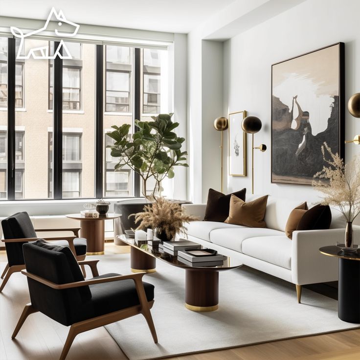 a living room filled with lots of furniture and large windows in the back ground area