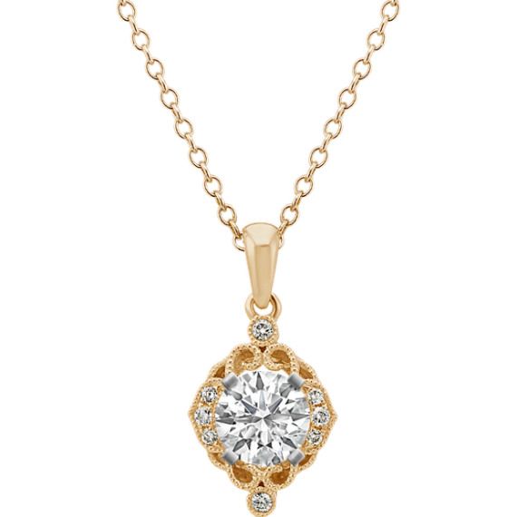 Crafted from quality 14 karat yellow gold  eight brilliant round diamonds  at approximately .06 carat total weight  serve as the perfect backdrop to the round gemstone of your choice  at approximately .50 carat  in this dazzling pendant with milgrain detailing. The vintage design hangs from an adjustable 22-inch matching cable chain and measures 5/8 of an inch long. For more information on selecting your center stone  Live Chat or call an online customer service representative at 1-866-467-4263 Classic 14k Gold Diamond Necklace With Round Pendant, 14k Yellow Gold Diamond Necklace With Halo Setting, Classic Round Pendant Diamond Necklace With Single Cut Diamonds, Classic Single Cut Diamond Round Pendant Necklace, Classic Pendant Diamond Necklace With Single Cut Diamonds, Classic Yellow Gold Diamond Necklace With Round Stone, Refined 14k Gold Diamond Necklace With Accents, Elegant 14k Gold Round Pendant Diamond Necklace, Elegant 14k Gold Diamond Necklace With Round Pendant