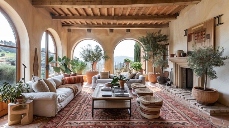 a large living room with arched windows and lots of furniture on top of the floor