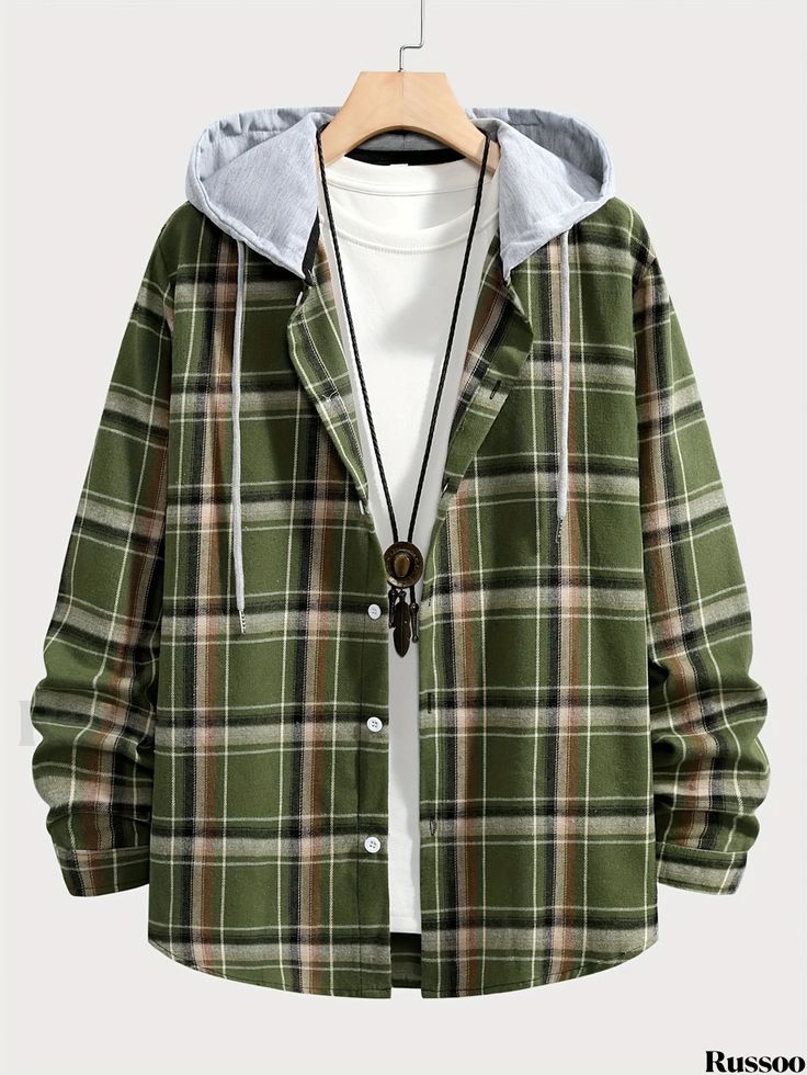 Russoo - Classic Mens Brushed Check Long Sleeve Hoodie for Casual Fashion Plaid Hoodie For Streetwear, Casual Plaid Hoodie For Streetwear, Casual Plaid Long Sleeve Hooded Jacket, Casual Plaid Hooded Hoodie, Casual Plaid Hooded Jacket With Pockets, Casual Plaid Hooded Jacket For Winter, Plus Size Cargo Pants, Novelty Clothing, Mens Loungewear