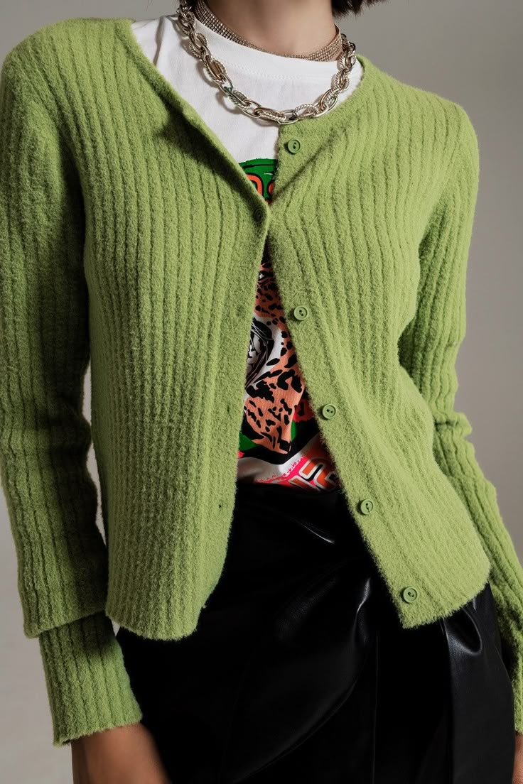 Wrap yourself in comfort and style with our Green Super Soft Fluffy Knit Cardigan. This cardigan features a luxurious and soft fluffy knit design, perfect for staying warm and fashionable. Crafted from 100% polyamide, it offers a cozy and lightweight feel. With a bodycon fit and 3/4 length sleeves, it provides a trendy and flattering silhouette. The button placket adds a touch of elegance and functionality to the cardigan. Whether for a party or a casual outing, this green fluffy knit cardigan e Short Green Cardigan, Green Button Up Sweater Outfit, Green Button Up Outfit, Green Cardigan Outfit, Cardigan Sleeves, Thrift List, Soft Knit Cardigan, Fluffy Knit, Cardigan Green