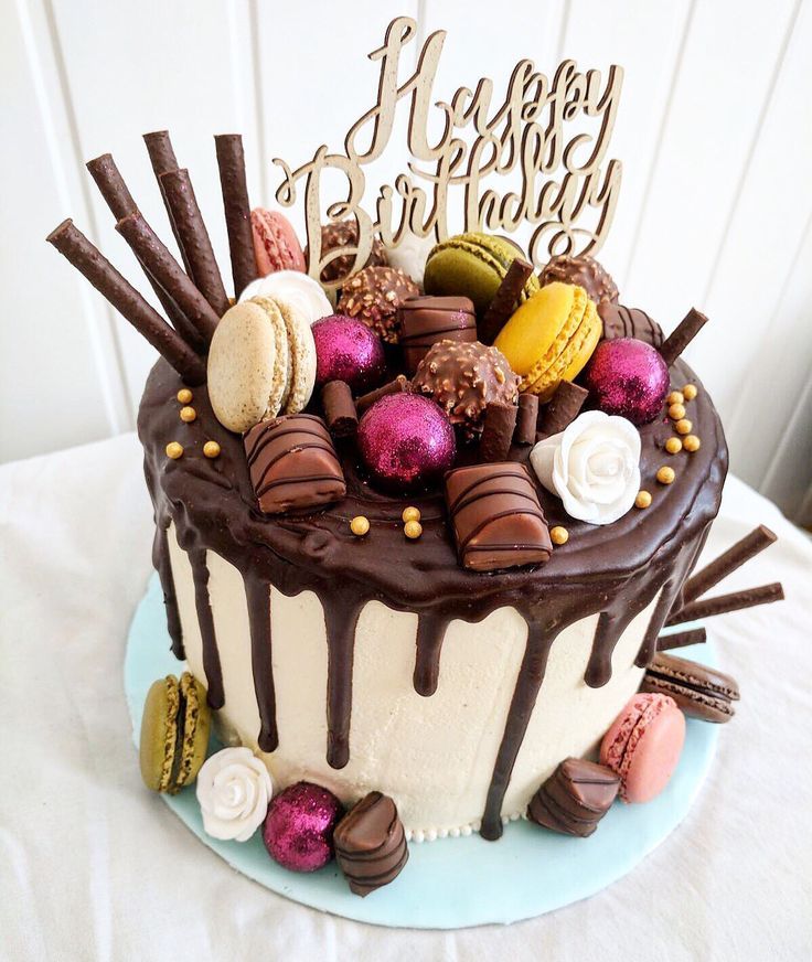 a birthday cake with chocolate frosting and decorations