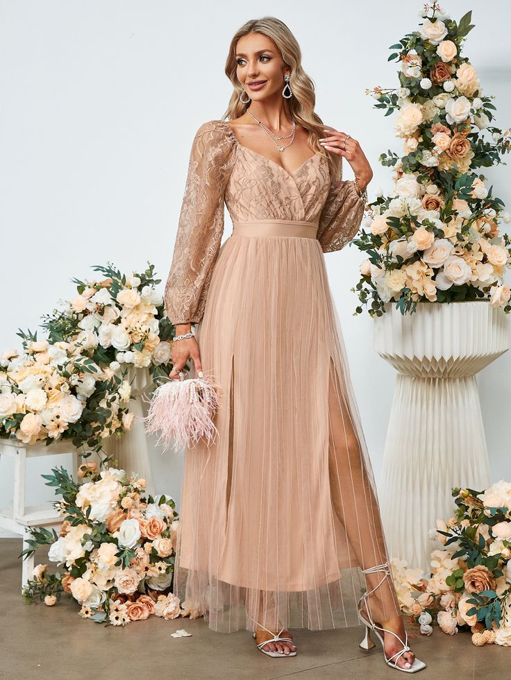 Apricot Party Collar Long Sleeve Fabric Plain A Line Embellished Non-Stretch Spring Women Dresses Lace Lanterns, Pink Homecoming Dress, Floral Wedding Dress, Elegant Embroidery, Lace Pink Dress, Midi Dress Party, Lace Fashion, Wedding Party Dresses, Looks Vintage