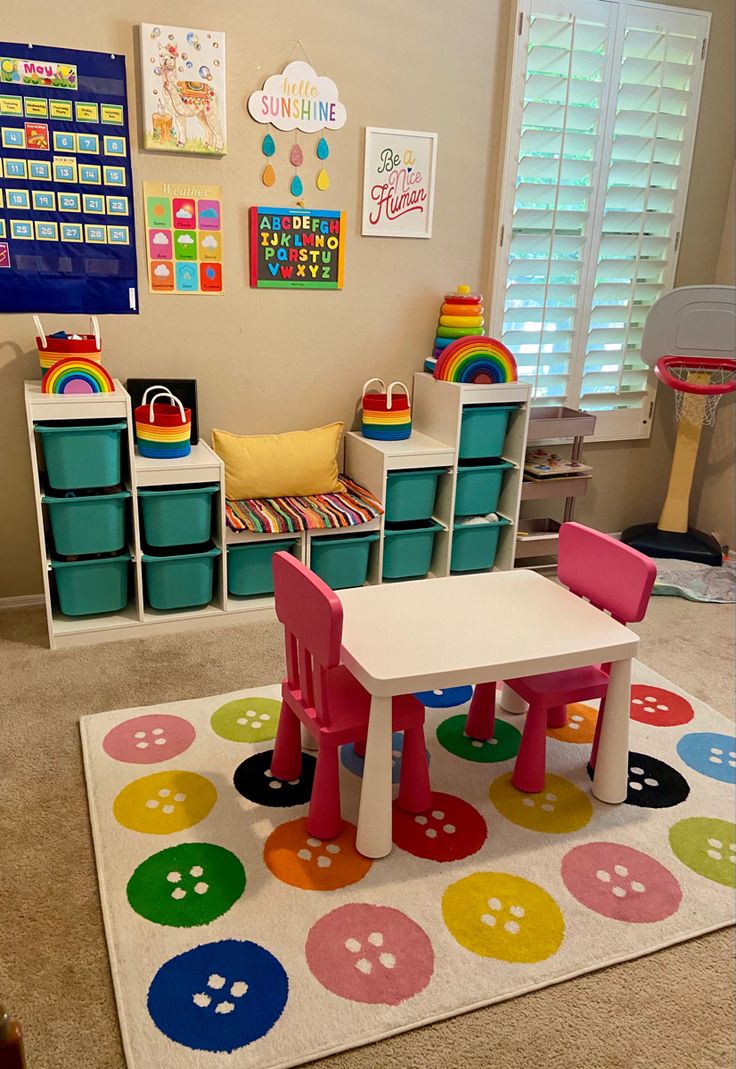 a child's playroom with colorful furniture and toys on the carpet in front of it