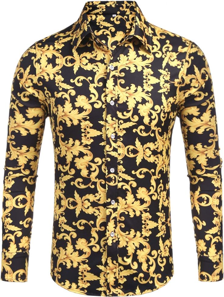 Introducing our Men's Luxury Black/Gold Print Button Down Long Sleeve Shirt, offering sophisticated style with a touch of luxury. This shirt features a sleek black and gold print, and is crafted with long sleeves and a classic button down design. Perfect for any formal or casual occasion, this shirt will elevate your wardrobe effortlessly. Button closure Machine Wash 95% polyester 5% spandex, good quality, Wash-Machine wash or hand wash, do not bleach, not shrink after washing. SIZE NECK CHEST WAIST SLEEVE S 14-14½″ 34-36″ 28-30″ 32-33″ M 15-15½″ 38-40″ 32-34″ 33-34″ L 16-16½″ 42-44″ 36-38″ 34-35″ XL 17-17½″ 46-48″ 40-42″ 35-36″ 2XL 18-18½″ 50-52″ 44-46″ 36-37″ 3XL 19-19½″ 54-56″ 48-50″ 37-38″ 4XL 20½-21″ 58-60″ 53-55″ 38″ 5XL 22-22½″ 62-64″ 58-60″ 38½″ Luxury Long Sleeve Tops With Baroque Print, Formal Gold Tops With Baroque Print, Gold Baroque Print Formal Tops, Formal Gold Top With Baroque Print, Gold Baroque Print Top For Formal Occasions, Formal Long Sleeve Shirt With Baroque Print, Gold Long Sleeve Shirt For Fall, Fitted Long Sleeve Shirt With Baroque Print, Classic Gold Tops For Party