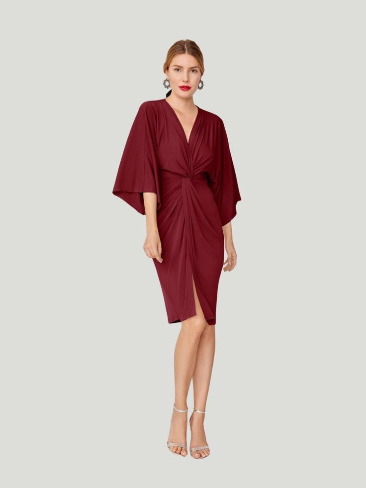 Bruna Cher Dress Cher Dress, Black Kimono, Patent Heels, Silk Knit, Kimono Sleeves, Short Kimono, Twist Knot, Wedding Cocktails, Burgundy Dress