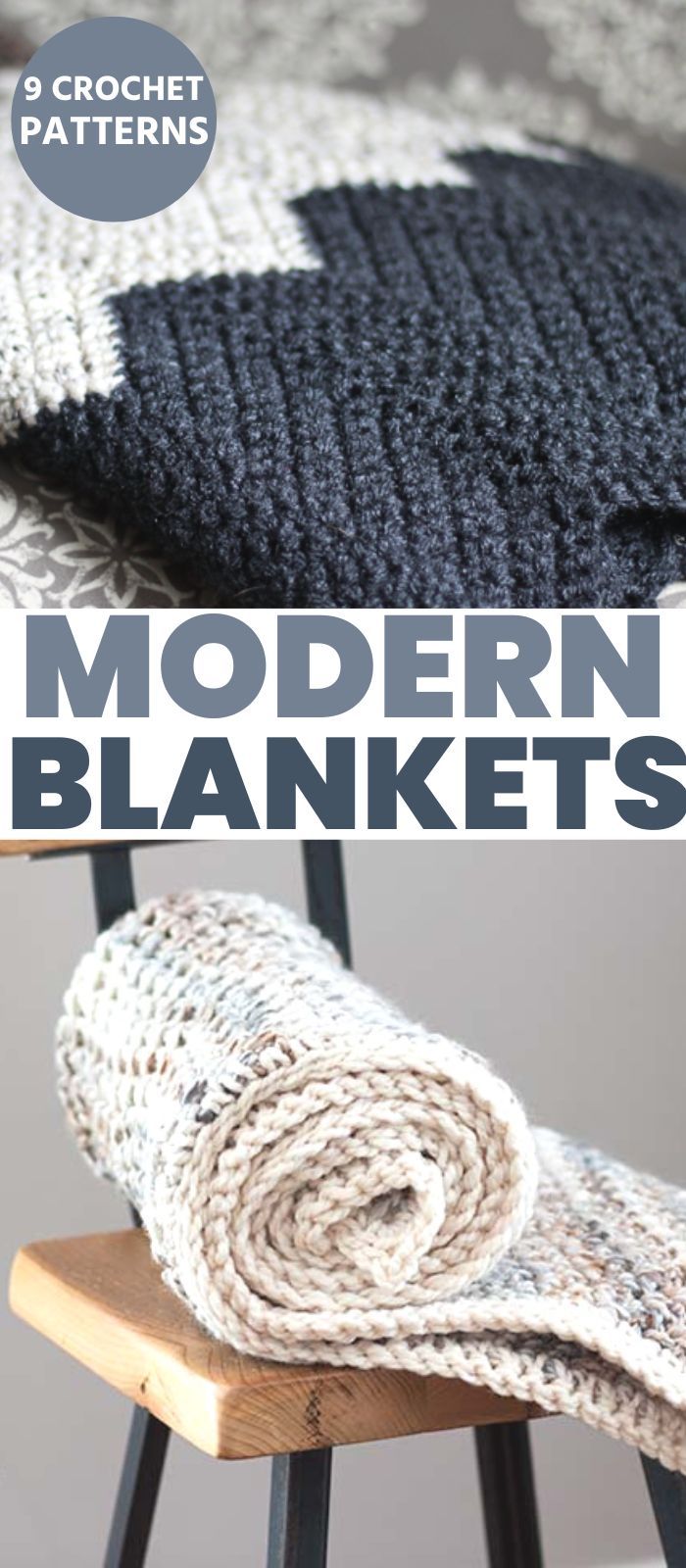 the modern blankets are knitted in different colors and sizes, with text overlay that reads