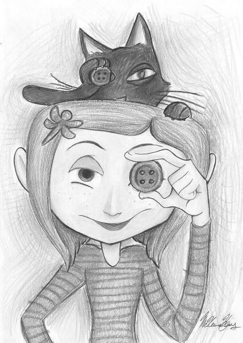 a drawing of a girl with a cat on her head and a button in her hand