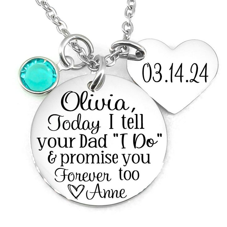 Personalized wedding gift for that special Step DaughterChild.  Stainless steel disc quote.  "Today I Tell Your Mom (Dad) I Do & Promise You Forever Too" Personalized with names and crystal color of choice.  O * 22m Stainless steel disc with quote. * 18 inch Stainless steel cable chain with heart shaped name disc and crystal.  Please include all personalization in notes to seller box at checkout. (name and month) Stainless steel is a great alternative to other types of metals in jewelry. Stainle Gift For Step Daughter At Wedding, Personalized Jewelry For Father's Day Promise, Father's Day Engraved Promise Jewelry, Father's Day Promise Jewelry Engraved, Father's Day Promise Engraved Jewelry, Daughter At Wedding, Shape Names, Step Daughter, Personalized Wedding Gifts