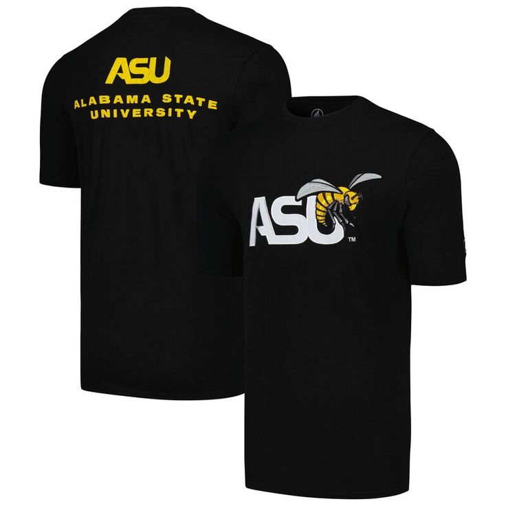 The Men's FISLL Black Alabama State Hornets Applique T-shirt is the perfect way to show your support for the Alabama State Hornets. With its embroidered graphics and raised details, this shirt is sure to turn heads. The embroidered fabric applique proudly displays the Alabama State Hornets logo, so you can show your team spirit wherever you go. Made from a comfortable cotton and spandex blend, this shirt is perfect for any occasion. Black Cotton Team Spirit T-shirt, Alabama Tshirt Vinyl, Hornets Jersey, Alabama State University, Alabama T Shirts, Alabama State University Shirts, Alabama State, Spandex Shorts, Hornet