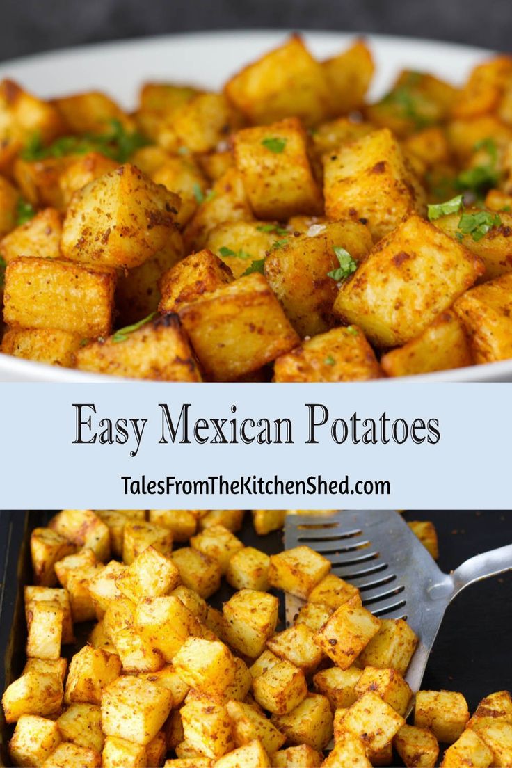 mexican potatoes in a white bowl with a fork next to it and the words easy mexican potatoes