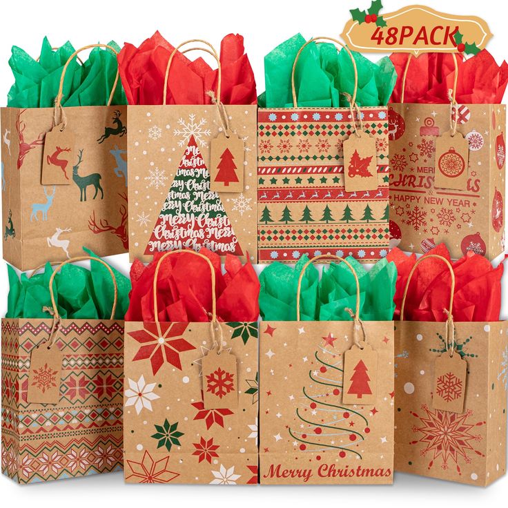 many bags with christmas designs on them are stacked up in front of each other and the words, merry christmas