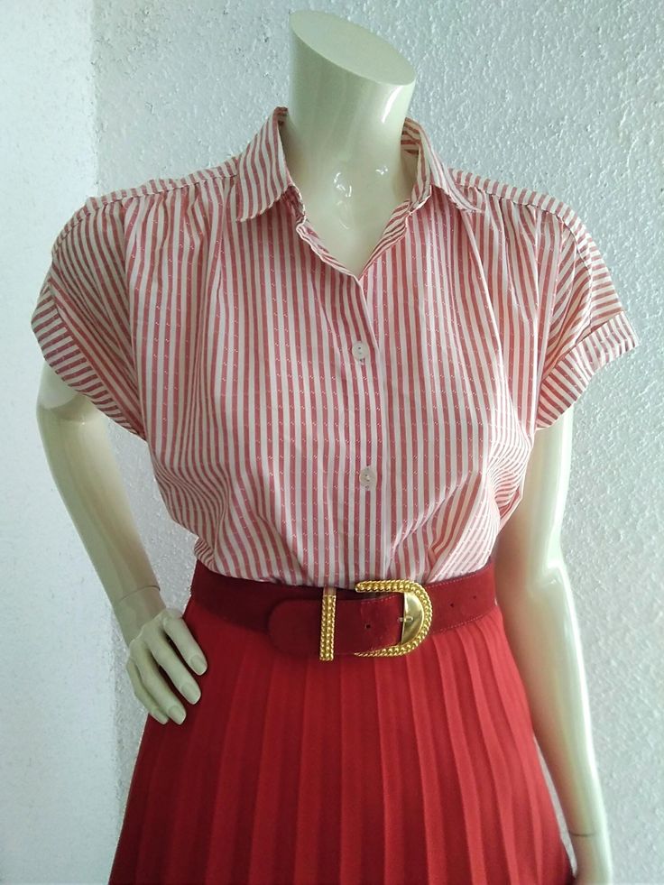 70s does 50s striped blouse jacquard summer blouse red white blouse minimalist basic blouse simple elegant blouse, no label size, no label composition.  measurements lying flat : shoulders and both sleeves together :63cm (25 inches)  bust :55cm (21,5 inches) total lenght :62 cm (24,5 inches) Spring Office Blouse With Striped Collar, Summer Office Shirt With Striped Collar, Classic Striped Tops For Spring, Classic Striped Spring Blouse, Chic Vertical Stripes Blouse For Spring, Chic Spring Blouse With Vertical Stripes, Spring Office Blouse With Vertical Stripes, Striped Summer Blouse For Work, Elegant Striped Summer Shirt