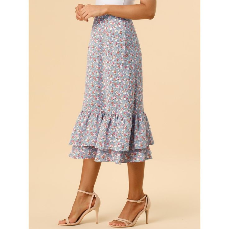 Featuring it's pretty ditsy floral print, this midi skirt is a summery option that can be worn with just about anything. Channel elegant style in this midi skirt, beautifully printed with a blossom print for a versatile look. It is made from lightweight fabric, adds definition to the free-flowing design. Falling to a waterfall midi hem, it sits high on the waist with a discreet side zip fastening. Summer days call for effortlessly feminine styles like the skirt. Floral Print Midi Skirt For Brunch, Floral Print Flared Skirt Bottoms For Summer, Midi Floral Print Skirt For Brunch, Non-stretch Summer Midi Skirt, Casual Midi Length Floral Print Bottoms, Summer Garden Party Skirt With Ruffle Hem, Floral Print Midi Bottoms For Day Out, Floral Print Midi-length Bottoms For Day Out, Knee-length Floral Print Spring Bottoms