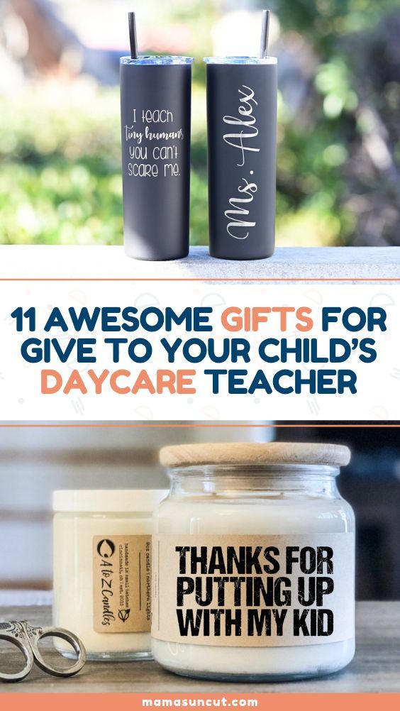 two personalized gifts for children's day care teachers are shown with the words, thank